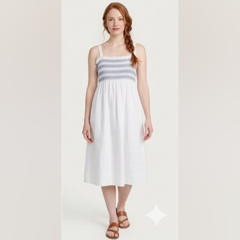 GAP 100% Cotton White Babydoll Midi Dress w/ Blue Smocked Bodice Size Large